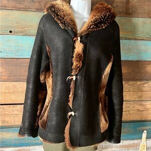 100% Real Shearling Leather Sheepskin Reversible Black Hood Jacket Coat Medium
